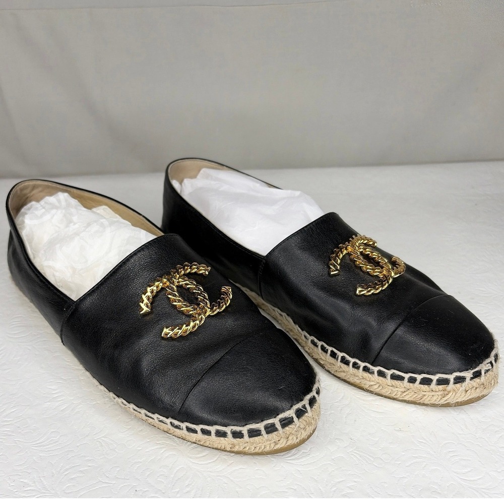 Chanel Black Lambskin Leather CC Chain Logo Espadrilles Flats Shoes‎ 38